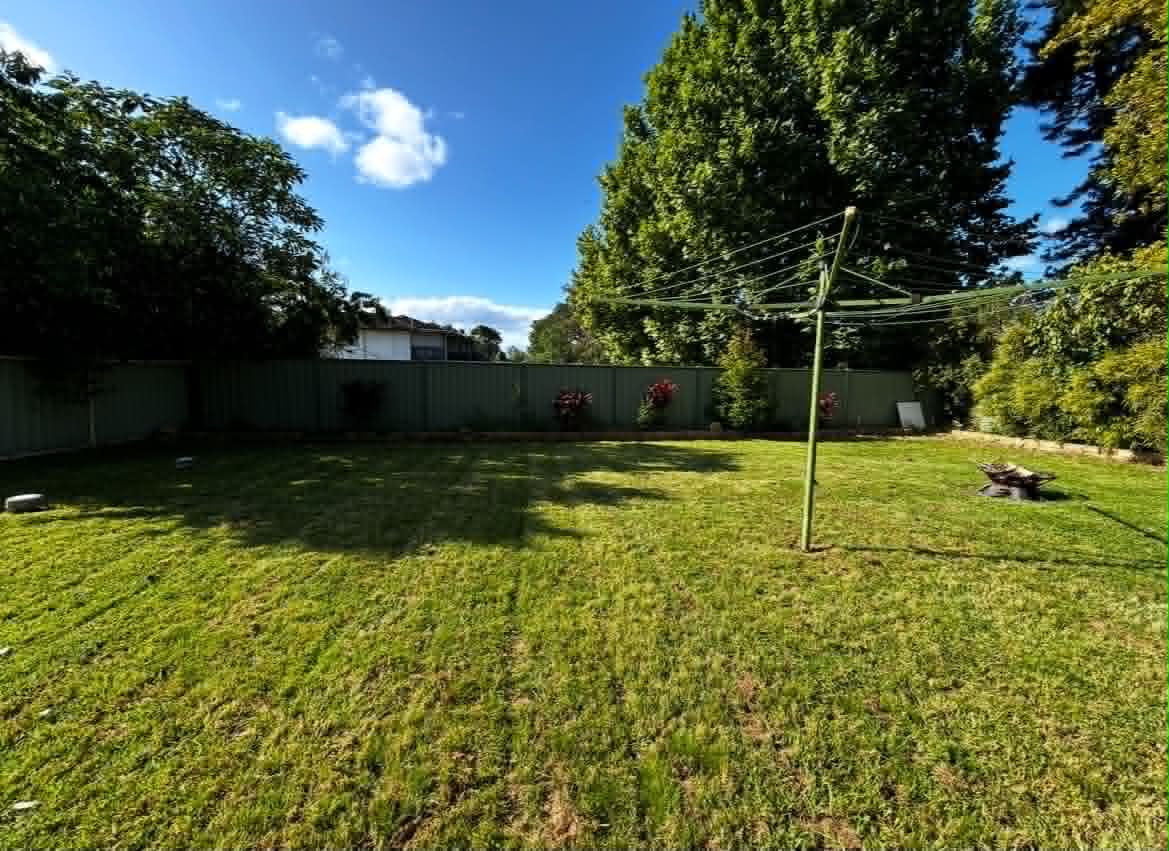 Same backyard neatly mowed and edged after the visit