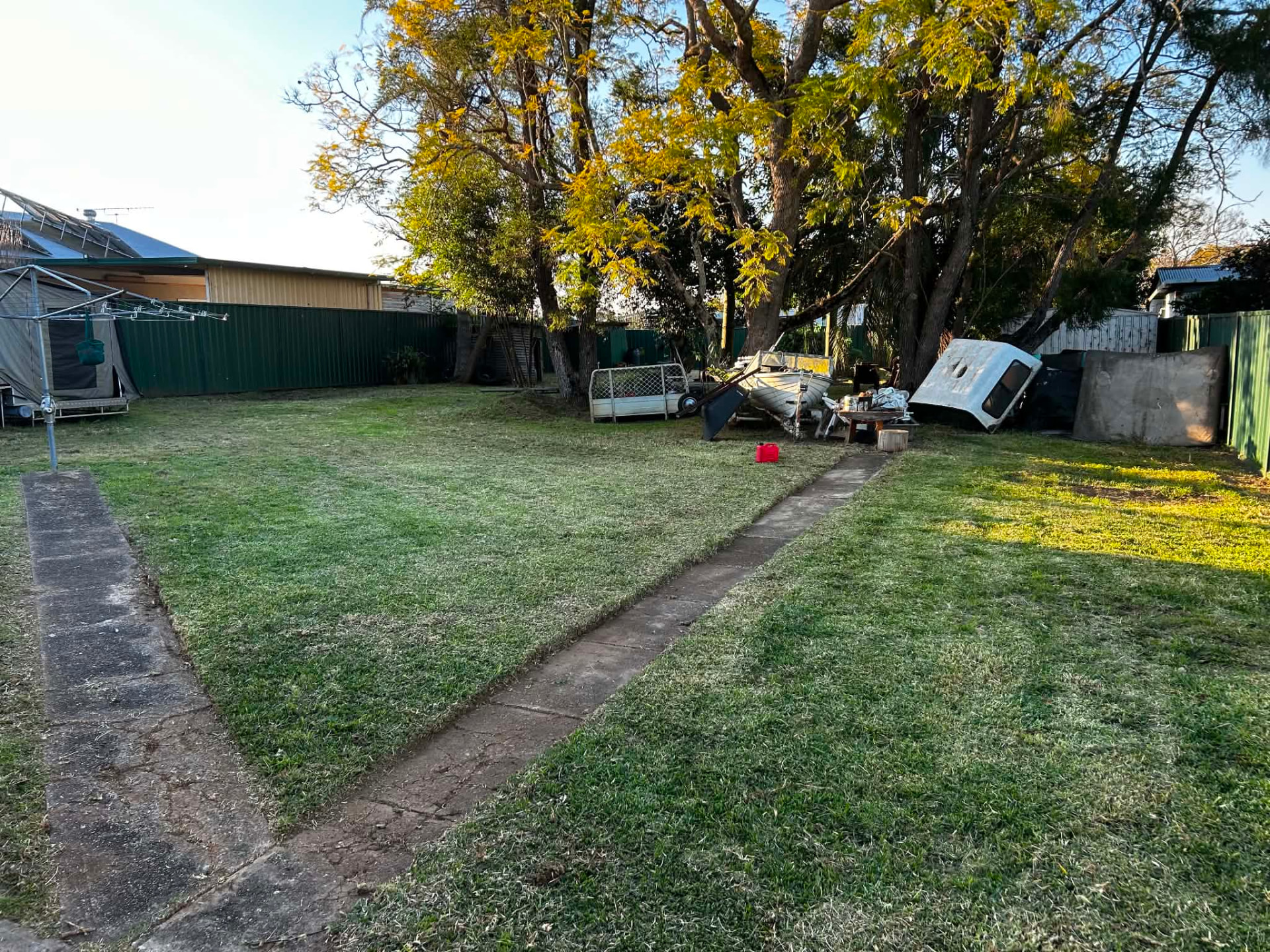 Cleaned-up yard with the concrete path and trees
